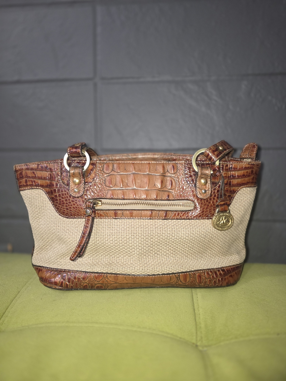 Brahmin Beige Canvas & Brown Croc-Embossed Shoulder Bag